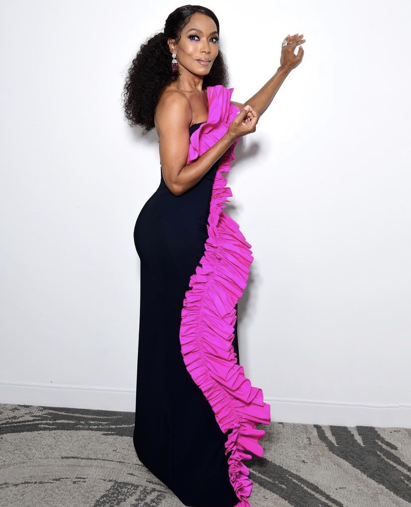 Angela Basset Wears Greta Constantine Black Dress With Pink Ruffle to the 2021 Emmys Award Angela Basset Wears Greta Constantine Black Dress With Pink Ruffle to the 2021 Emmys Award